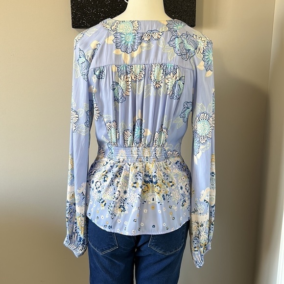 FREE PEOPLE Run Free Blouse Periwinkle Ruffle Floral Long Sleeve Sz S - Picture 11 of 12